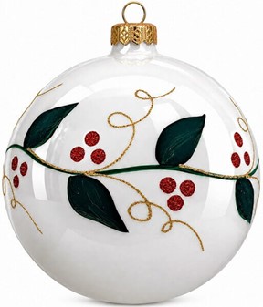 Store julekugler i hvid. Porcelæn blank finish med grøn blade, Ø 15cm