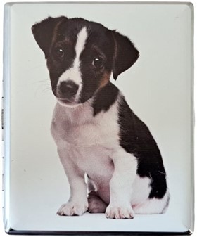 Metal cigaretetui med søde hvalpemotiv – nuttet Jack Russell