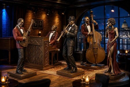 GAVE TIL MUSIKER. Flot bronzefigur af Jazz klarinettist. Reol pynt