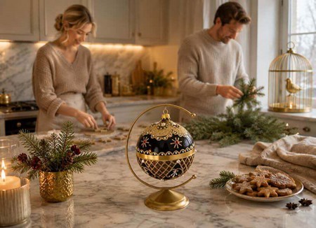 Guld-sort julekugle med hvide perler, røde og hvide krystaller, Ø 10cm