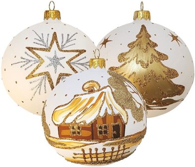 Polske pulver beige julekugler med gyldne dekorationer, Ø 10 cm 6 stk