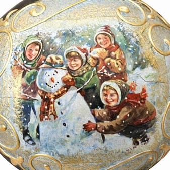 Nostalgiske matgrønne julekugler med børn og snemand. Ø 8 cm, 6 stk