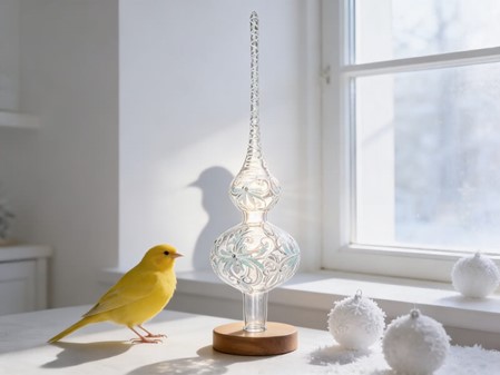 Top spir gennemsigtig med hvid dekoration. Juletræstop spir glas 35 cm
