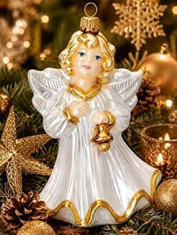 Jule glas figur fra Polen. Sød engel i hvid med klokke. H: 16 cm