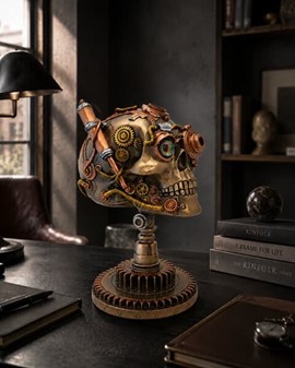 FIGURER STEAMPUNK. Unik bronzefigur af kranium på kædehjul stativ