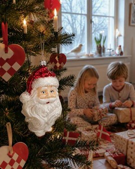 Klassisk juletræspynt. Glas figur af julemandens hoved. H 12,30 cm