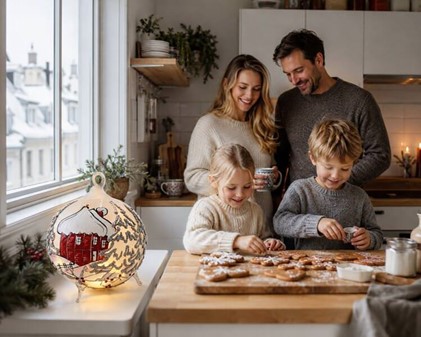 Flot glas juletræspynt i form lysestage-lanterne med et rødt vinterhus