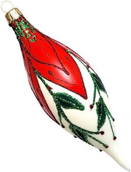 Juletræspynt, dråbe i hvid med rød blomst og grøn dekor. 13 cm, 3 stk