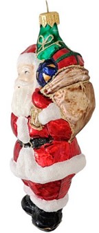 Juletræspynt figurer. Håndlavet glas julemanden med sæk fuld af gaver