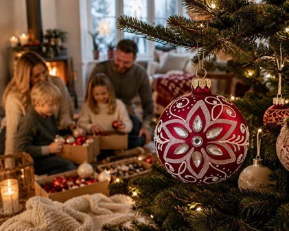 Juledekorationer i glas. Polsk rød julekugle med krystaller og glitter