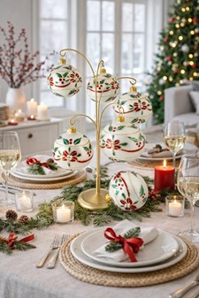 Mundblæst glas julepynt. Julekugler i porcelæn hvid med rød blomst