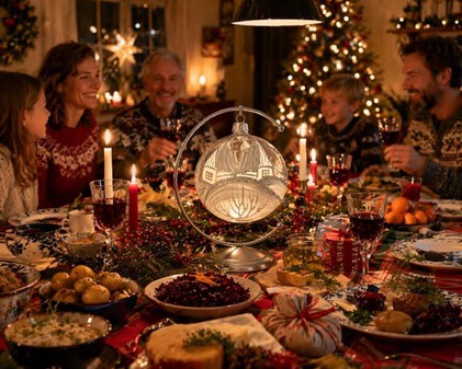 Julekugler med motiv. Sølv hytter på gennemsigtigt glas, Ø 10 cm 6 stk