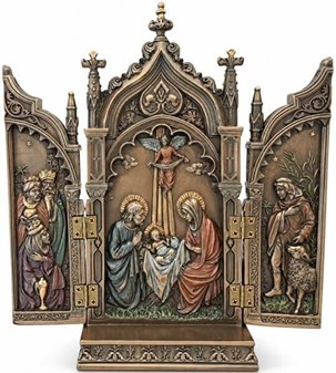 Foldbart helligt kunstværk. Triptykon i bronze til juledekoration