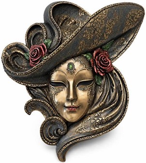 VÆGPYNT. Bronze venetiansk maske med roser. Perfekt bryllupsgave ideer