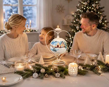 Stor hvid julekugle i glas – unik pynt med vinterlandskab. Ø 15 cm