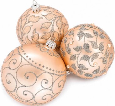 Laksefarvede julekugler med sølvglitter plantemotiver. Ø 10 cm, 6 stk