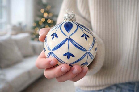 Glas juletræskugle i porcelænhvid med et blåt mønster. Ø 8 cm. 6 stk