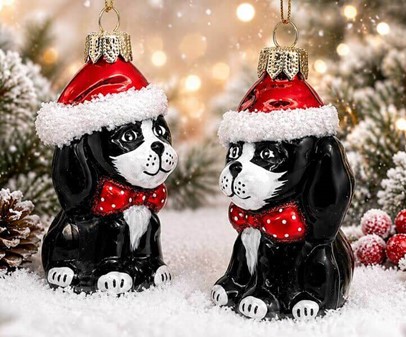 Julekugler figurer. Glas Cocker Spaniel i en kasket, sort. H: 8,20 cm