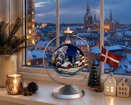 Skinnende, glitrende og smukke blå julekugler med vinterlandskab. 10cm