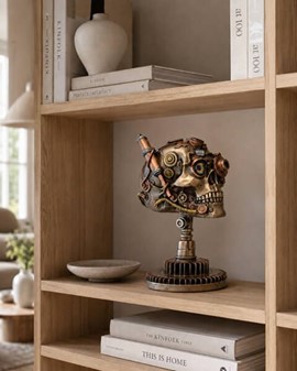 FIGURER STEAMPUNK. Unik bronzefigur af kranium på kædehjul stativ