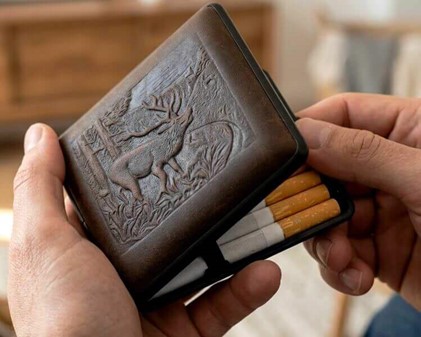 Gave til jæger. Eksklusivt cigaret etui med præget hjort i læder