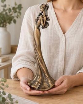 BRYLLUPSFIGURER. Smuk bronze skulptur af brudepige med lilje