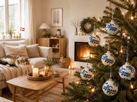 Polske julekugler i porcelænhvid med blå blomstermotiv. Ø 8 cm. 6 stk