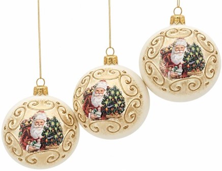 Nostalgisk julepynt: Hvide julekugler med julemand. Ø 8 cm, 6 stk