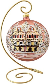Stor julekugle glas i lyserød mat med hus og vinterlandskab. Ø 15 cm