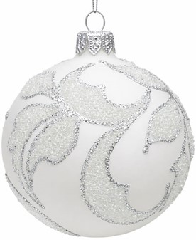 Polske hvide julekugler dekoreret med blade i sølvglitter. 8 cm/6 stk