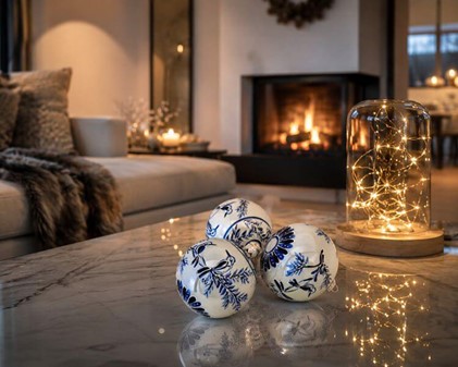 Unikke håndmalede julekugler i porcelæns-look med blå fugle. 8cm, 6stk