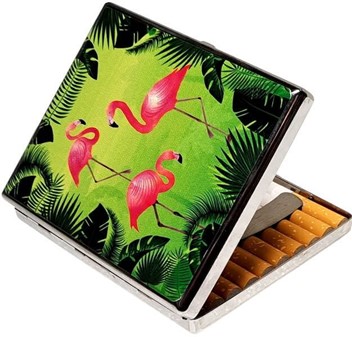 Stilfuldt cigaretetui metal. Beskyt 20 cigaretter med flamingo-design