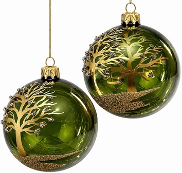 Gennemsigtig grøn glas julekugle blank med gyldent træ, Ø 8 cm 6 stk