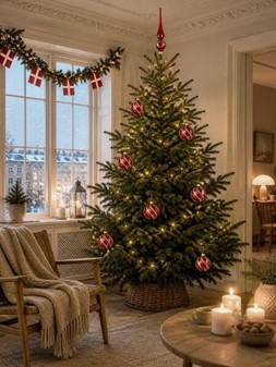 Julekugle glas i rød farve med en blank finish og gylden dekoration
