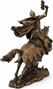 Majestætisk bronzefigur af middelalder ridder på hest. Til stuepynt