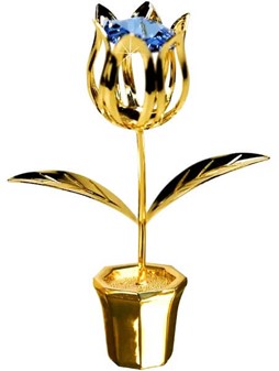 Charmerende figur af en forgyldt tulipan med en blå Swarovski krystal