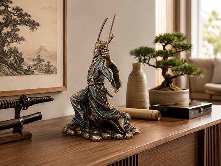 SAMURAI FIGUR. Bronze skulptur af japansk kriger med to sværd