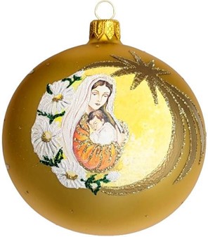 Julekugler 2023. Smuk guld julekugle med Maria og Jesus. Ø 10 cm