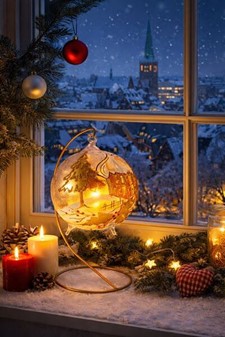 Unik glas julekugle i form lysestage-lanterne med guld vintermotiv