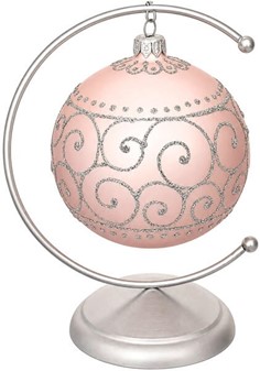 Polske lyserøde glas julekugler med sølv plantemotiver. Ø 10 cm, 6 stk