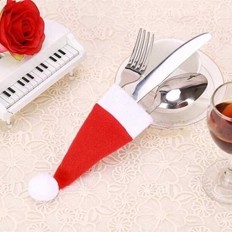 Pynt til julebordet. Mini nissehuer til bestik og vinflasker. 10 stk