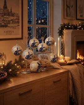 Billig julepynt. Julekugler i porcelæn hvid med hollandsk vindmølle