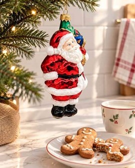 Juletræspynt figurer. Håndlavet glas julemanden med sæk fuld af gaver