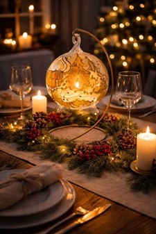 Unik glas julekugle i form lysestage-lanterne med guld vintermotiv