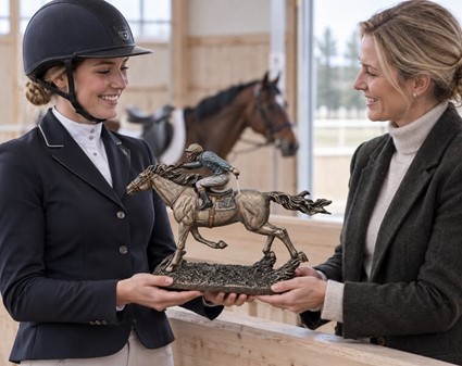HESTEFIGUR. Imporedende bronzefigur Jockey på hest. Gave til rytter