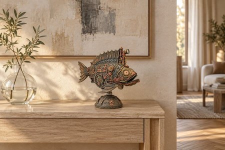 Unik Steampunk Dybhavsfisk med Mystisk Lys. Dekorationsfigur i bronze