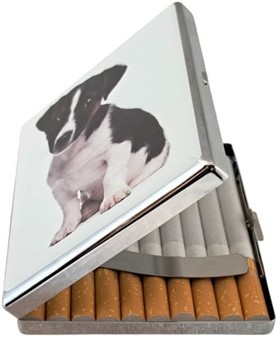Metal cigaretetui med søde hvalpemotiv – nuttet Jack Russell