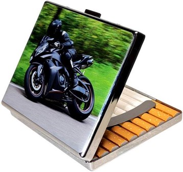 Stilfuldt Metal Cigaretetui med Sort Sportsmotorcykel - Perfekt Gave