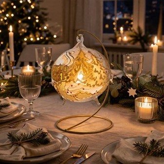 Unik glas julekugle i form lysestage-lanterne med guld vintermotiv