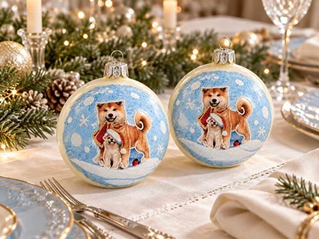 Mælkehvid emaljefarvet glas julekugler med to hunde. Ø 8 cm, 6 stk